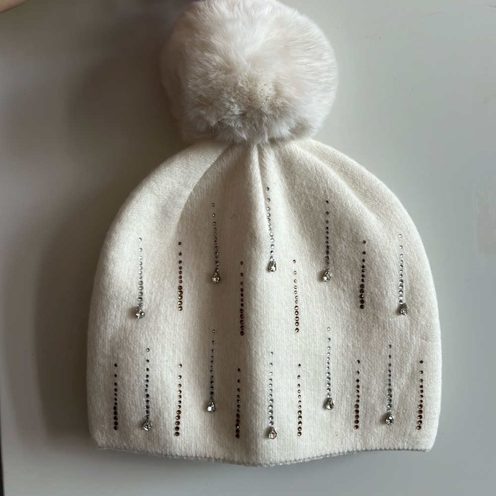 Women’s cream ivory winter hat, warm, cozy, dressy, pom pom glitter rhinestones
